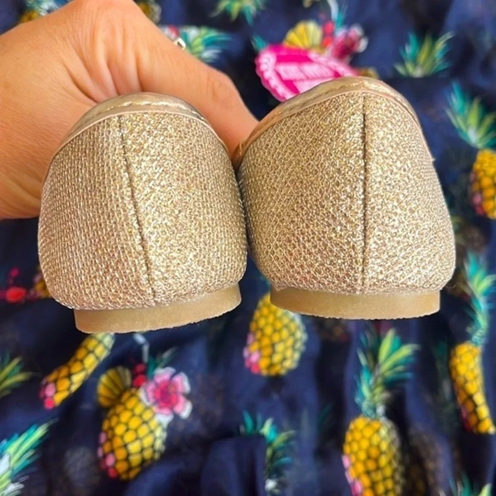 Brand New SO Glittery Gold Slip On Flats Bows Sparkly Shoes Memory Foam Sock